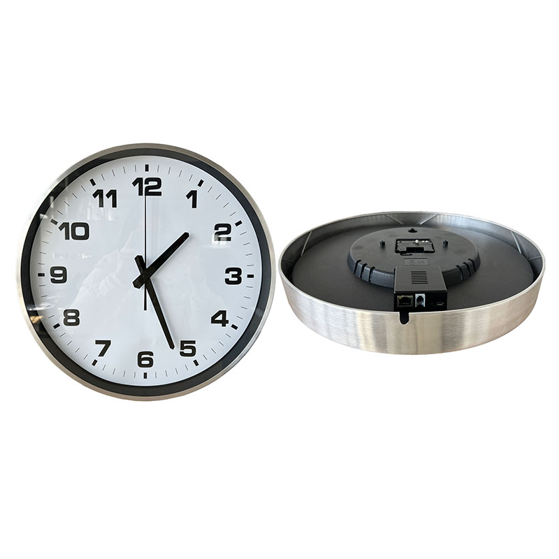 Horloge réseau IP analogique PoE ronde en aluminium argenté de 15 pouces